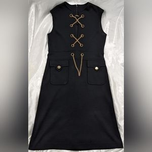 Women's XXL Deep Licorice Black 60's Knit Zip Up Shift Dress w/ Laced Gold Chain